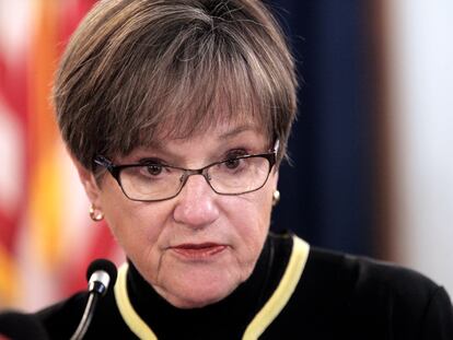 Kansas Gov. Laura Kelly answers questions from reporters during a news conference