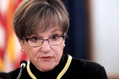 Kansas Gov. Laura Kelly answers questions from reporters during a news conference