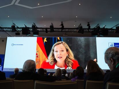 La vicepresidenta Nadia Calviño, durante su intervención temática en la Reunión del Círculo de Economía, en Barcelona.