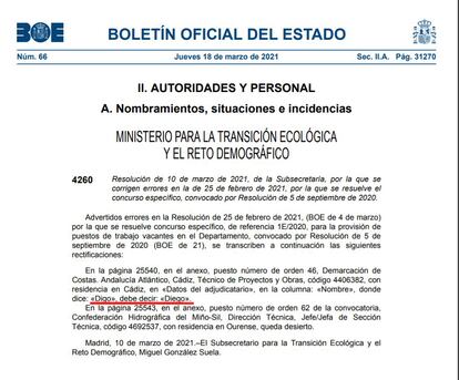 La captura de pantalla de la corrección del BOE del 18 de marzo.