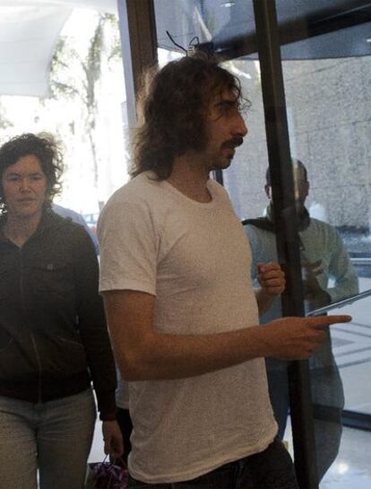 Spanish photographer Manu Brabo arrives at a hotel in Tripoli after being freed by Libyan authorities on Wednesday.