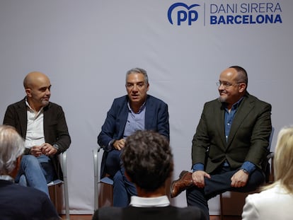 Daniel Sirera, Elías Bendodo y Alejandro Fernández, este viernes en Barcelona.