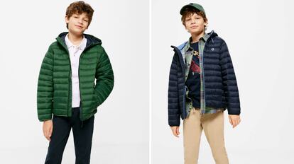 Chaqueta acolchada con capucha. Equipada un relleno térmico y un revestimiento exterior para repeler el agua, esta chaqueta de la colección de niño va muy bien para el frío. Se puede elegir en colores como verde, azul marino o granate. 31,99€