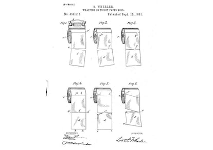 Patente del papel higiénico, de Seth Wheeler (1891), en la que se ve la colocación correcta del rollo. |