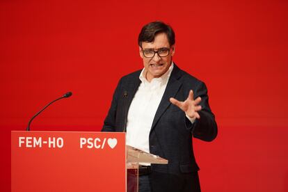 Salvador Illa, candidato del PSC, el jueves durante la inauguración de la campaña electoral en Barcelona.