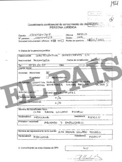 Documento 'Know your client' (conozca a su cliente, en inglés) que rellenó el abogado Juan Ramón Collado para abrir una de las 24 cuentas que manejó en la Banca Privada d'Andorra (BPA).