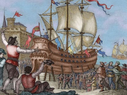 La nave 'Victoria', a su llegada a Sevilla tras dar la vuelta al mundo, en un grabado de 1807.