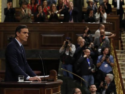 Pedro Sánchez durante su intervención en el debate de investidura, en el Congreso de los Diputados.