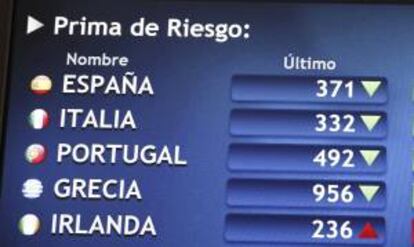 En la imagen, panel con la evolución de la prima de riesgo en varios países europeos. EFE/Archivo