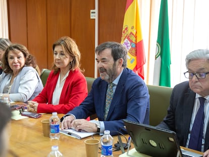 El presidente del CGPJ, Vicente Guilarte (en el centro), preside la reunión que la Comisión Permanente del Consejo General del Poder Judicial ha mantenido este jueves en la sede de la Audiencia Provincial de Cádiz.