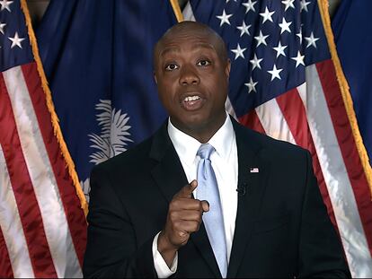 El senador republicano Tim Scott, durante su respuesta al discurso de Biden.