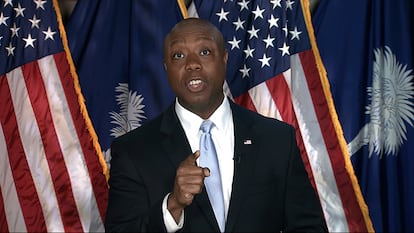 El senador republicano Tim Scott, durante su respuesta al discurso de Biden.