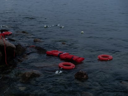 Life preservers thrown in protest into the Mediterranean by members of the Greek Communist Party on June 20.