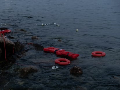 Life preservers thrown  in protest  into the Mediterranean by members of the Greek Communist Party on June 20.