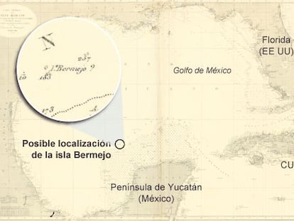 Mapa de 1866 donde est&aacute; se&ntilde;alada la isla Bermeja &quot;Seno mexicano. Hija 1. Parte meridional&quot;.