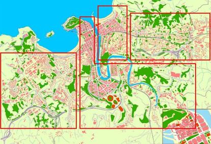 Un mapa de San Sebastián dividido en cuatro distritos, según la iniciativa presentada por el PSE.