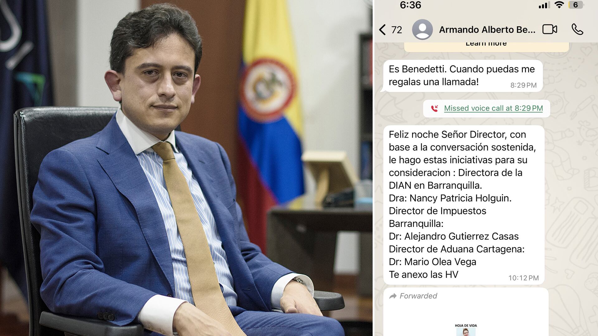 El saliente ministro de Comercio publica un chat que indica que Armando Benedetti le pidió cargos