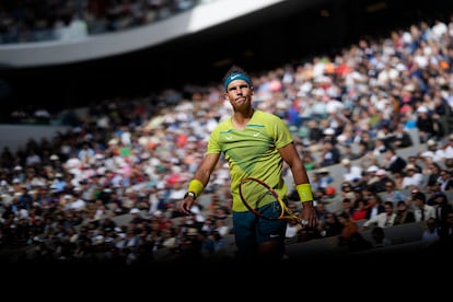 Nadal, en la Chatrier, durante el partido del domingo contra Aliassime.