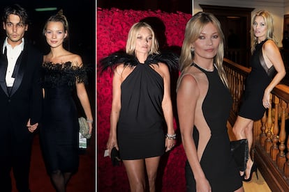 El vestido negro de cóctel es un clásico recurrente en su guardarropa. De izda. a dcha., Moss con Johnny Depp (1995), en la gala del MET (2018), en una presentación de Stella McCartney (2012) y en Londres (2013).