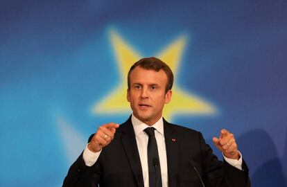 El presidente francés Emmanuel Macron durante su conferencia en la Sorbonne en París este martes.