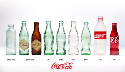 Evolución de las botellas de Coca-Cola. La de 1915 fue la primera que se patentó