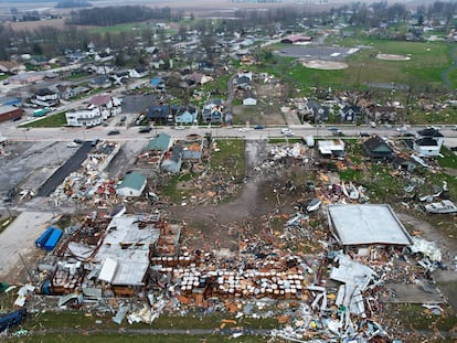 Debris scatters the ground following a severe storm Friday, March 15, 2024, in Lakeview, Ohio.