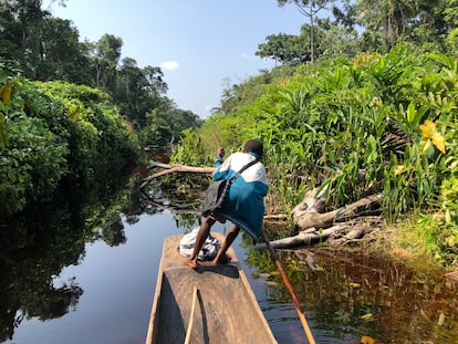 Una canoa cruza un humedal en el territorio de Basoko, al norte de la RDC. La cuenca del Congo tiene una de las mayores turberas tropicales del planeta: un tipo de humedal boscoso cuyo suelo almacena miles de toneladas de carbono.