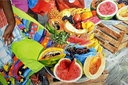 El tema principal de esta pintora son las palenqueras o vendedoras de fruta. El colorido tropical inunda sus lienzos y las formas humanas y vegetales se confunden.