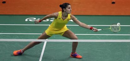 Carolina Marín durante su partido ante Nannaat Vainio.