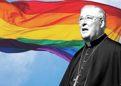 Montaje con una imagen del obispo de Alcalá de Henares (Madrid), Juan Antonio Reig Plà, y una bandera LGTBI al fondo. El religioso es defensor de la terapias de reconversión para homosexuales.