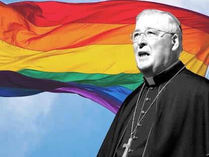 Montaje con una imagen del obispo de Alcalá de Henares (Madrid), Juan Antonio Reig Plà, y una bandera LGTBI al fondo. El religioso es defensor de la terapias de reconversión para homosexuales.