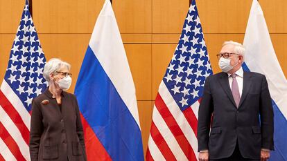 US Deputy Secretary of State Wendy Sherman and Russian Deputy Foreign Minister Sergei Ryabkov attend security talks at the US Mission in Geneva, Switzerland, on January 10, 2022.