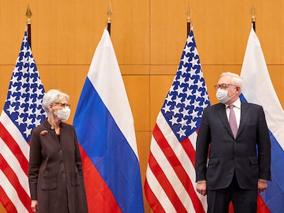 US Deputy Secretary of State Wendy Sherman and Russian Deputy Foreign Minister Sergei Ryabkov attend security talks at the US Mission in Geneva, Switzerland, on January 10, 2022.