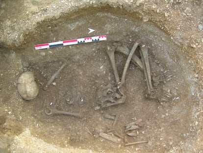 The grave of the first person buried in the Gurgy Les Noisats cemetery, a woman, next to the remains of the family patriarch, lower right.