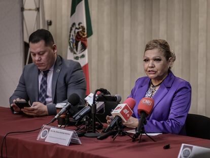 La Fiscal General de Baja California, María Elena Andrade, en conferencia de prensa el 11 de julio 2024.