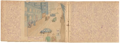 Páginas del diario de Ivan Khripunov con su dibujo (vista de una calle de Rostov del Don), 1941.