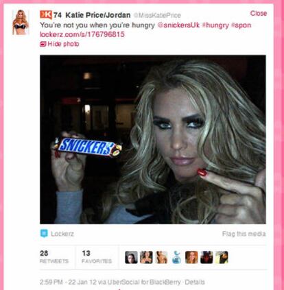 Ejemplo de un mensaje que colgó en su Twitter la modelo y actriz británica Katy Price.