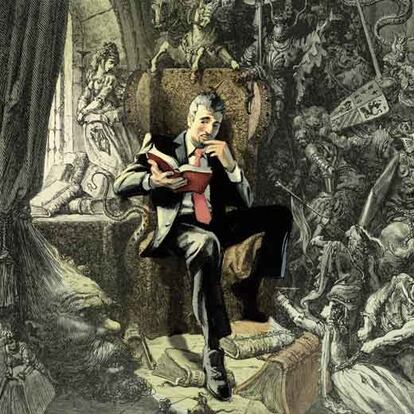 Ilustración de Fernando Vicente sobre un grabado de Gustave Doré sobre las lecturas de Alonso Quijano, en 'El Quijote'.