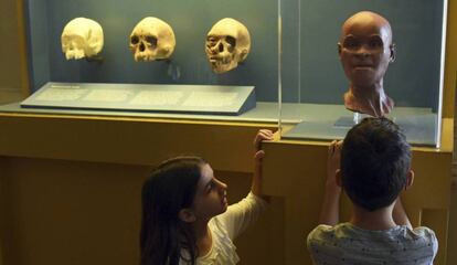 Before the fire, children look at the step-by-step reconstruction of Luzia.