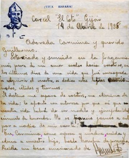 Carta de Humberto Alonso Pérez a su esposa, Carmina, y a su hijo, Guillermo, desde la cárcel de El Coto (Gijón), el 14 de abril de 1938.