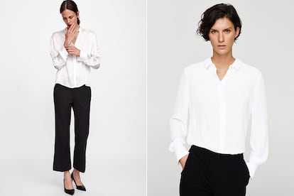 A la izquierda, camisa de Zara con detalle de volantes en la manga (22,95 euros). A la derecha, con botones ocultos. Es de Mango y está rebajada a 9,99 euros.