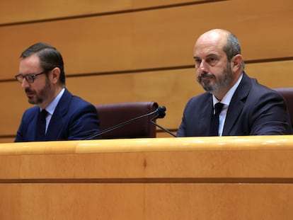 El presidente del Senado, Pedro Rollán (a la derecha), y su vicepresidente, Javier Maroto, ambos del PP, durante el pleno del pasado miércoles.