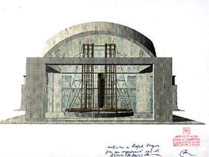 Alzado del edificio proyectado por el arquitecto Antonio Fernández Alba para albergar el telescopio.