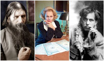 Rasputín, Joan Quigley y Aleister Crowley (de izquierda a derecha) ejercieron su influencia sobre la familia Romanov, los Reagan y Winston Churchill, respectivamente.