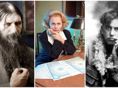 Rasputín, Joan Quigley y Aleister Crowley (de izquierda a derecha) ejercieron su influencia sobre la familia Romanov, los Reagan y Winston Churchill, respectivamente.