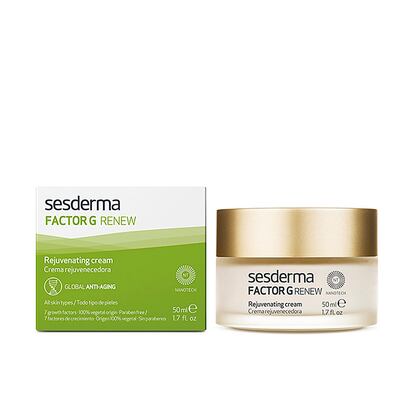 Crema rejuvenecedora Factor G Renew de Sesderma
La centella asiática y las células madre aportan propiedades antioxidantes, reparadoras y regeneradoras. Los factores de crecimiento de origen vegetal estimulan la síntesis de colágeno y elastina. Se ha convertido en la crema de cabecera de varias usuarias, y algunas como María no dejan de comprarla pese a que su precio en la web ha aumentado: “No digo más, adoro la marca, esta crema es maravillosa, y el precio cuando la compré fue muy, muy bueno, ahora ya no tanto, pero bueno la he vuelto a comprar, he comparado y sale muy, muy bien, la recomiendo totalmente”.