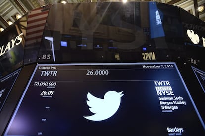 Una pantalla informa sobre la salida a bolsa de las primeras acciones de Twitter.