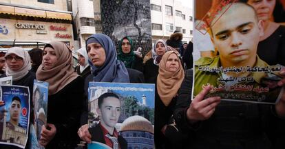 Civiles palestinos se manifiestan durante el juicio contra Elor Azaria, este miércoles en Hebrón.