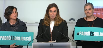 Representantes de la Xarxa d’Entitats pel Padró, en una rueda de prensa en el Parlament.