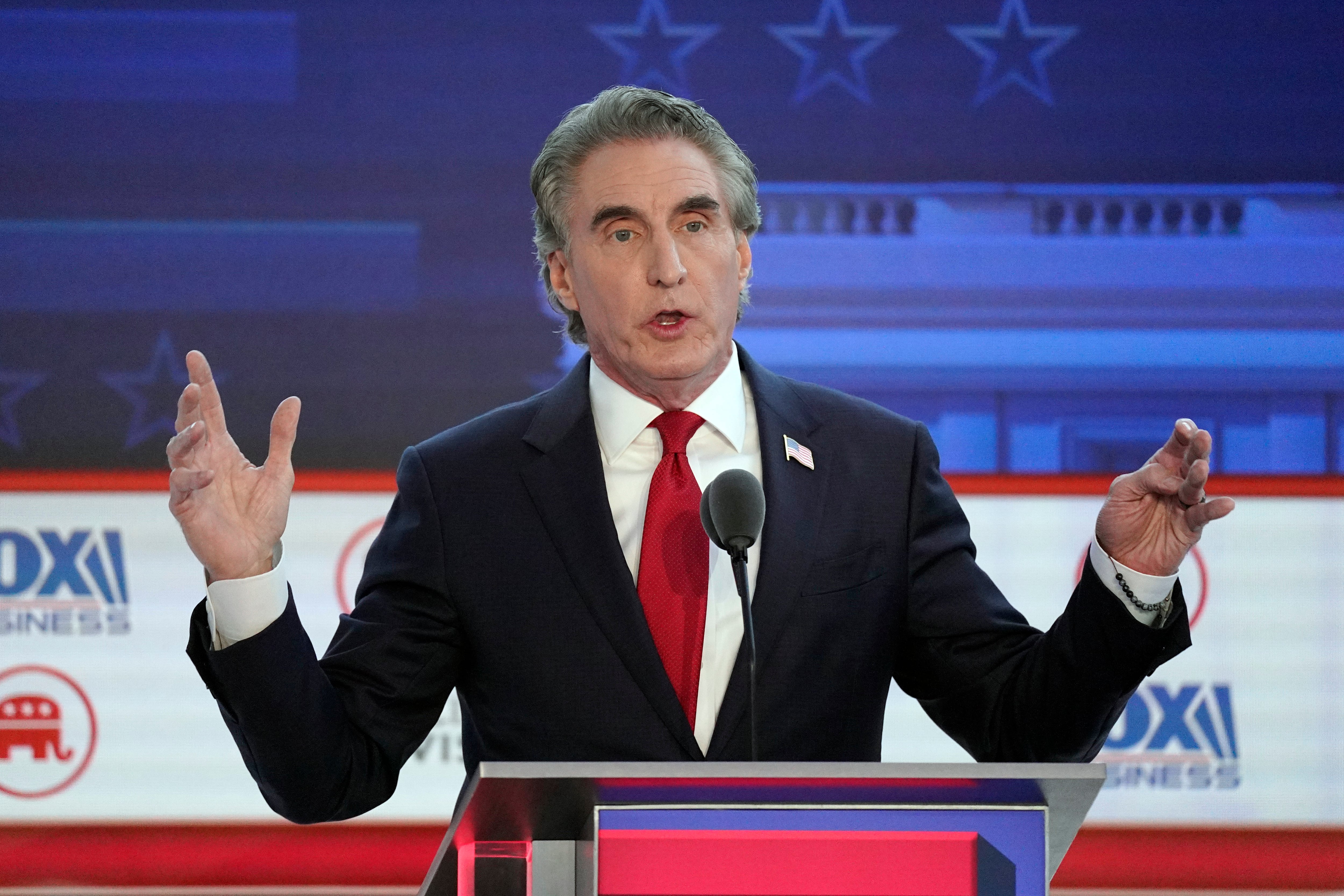 North Dakota Gov. Doug Burgum speaks during a Republican presidential primary debate hosted by FOX Business Network and Univision, Wednesday, Sept. 27, 2023, at the Ronald Reagan Presidential Library in Simi Valley, Calif. North Dakota's Republican-controlled Legislature convenes Monday, Oct. 23, 2023 to begin fixing a budget mess.(AP Photo/Mark J. Terrill, File)